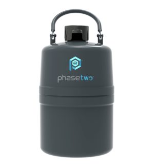 Dark gray protein shaker bottle with a black lid and Phase Two logo in blue on the side, against a white background.