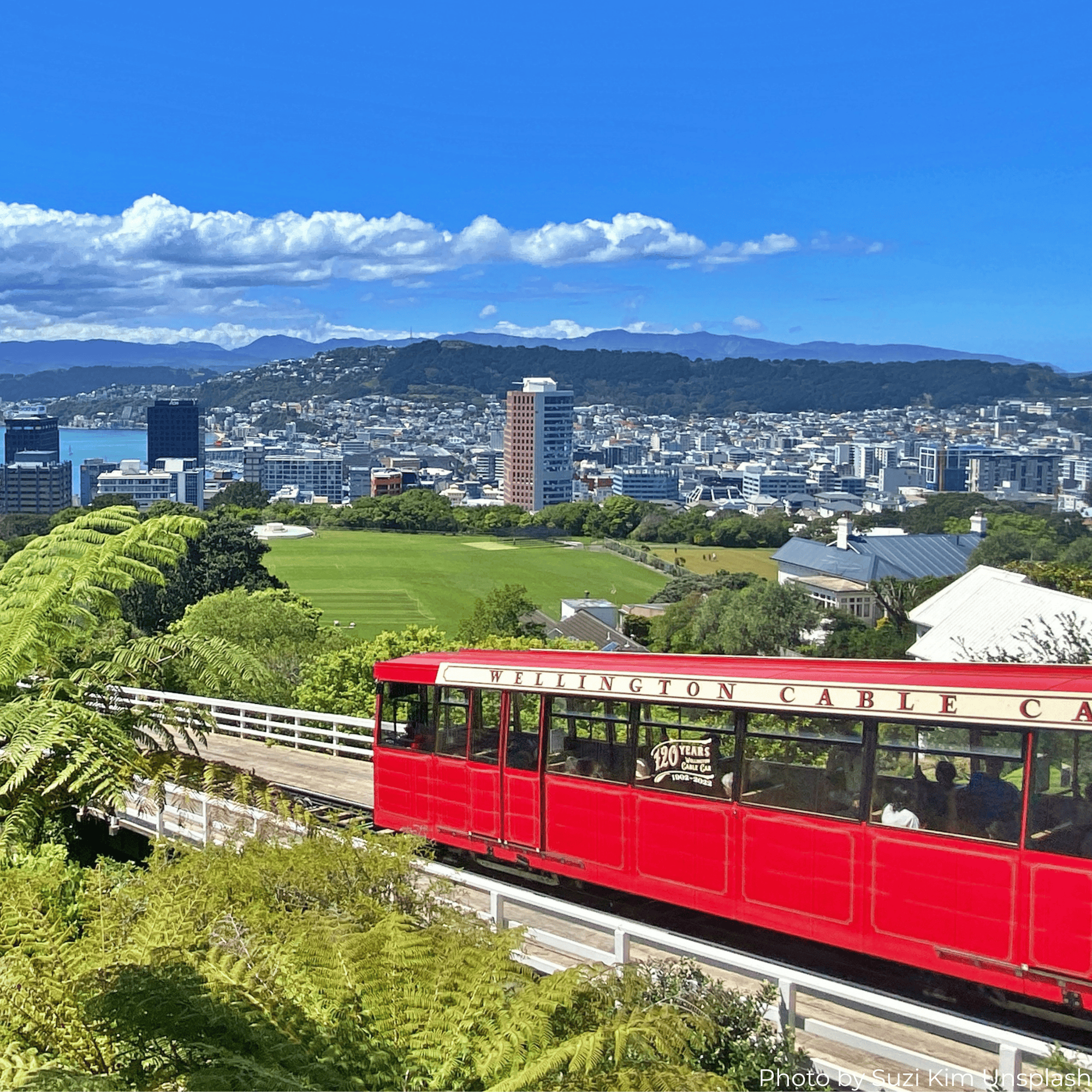 Red Wellington Cable Car on a track with city buildings and green hills below under a bright blue sky.
